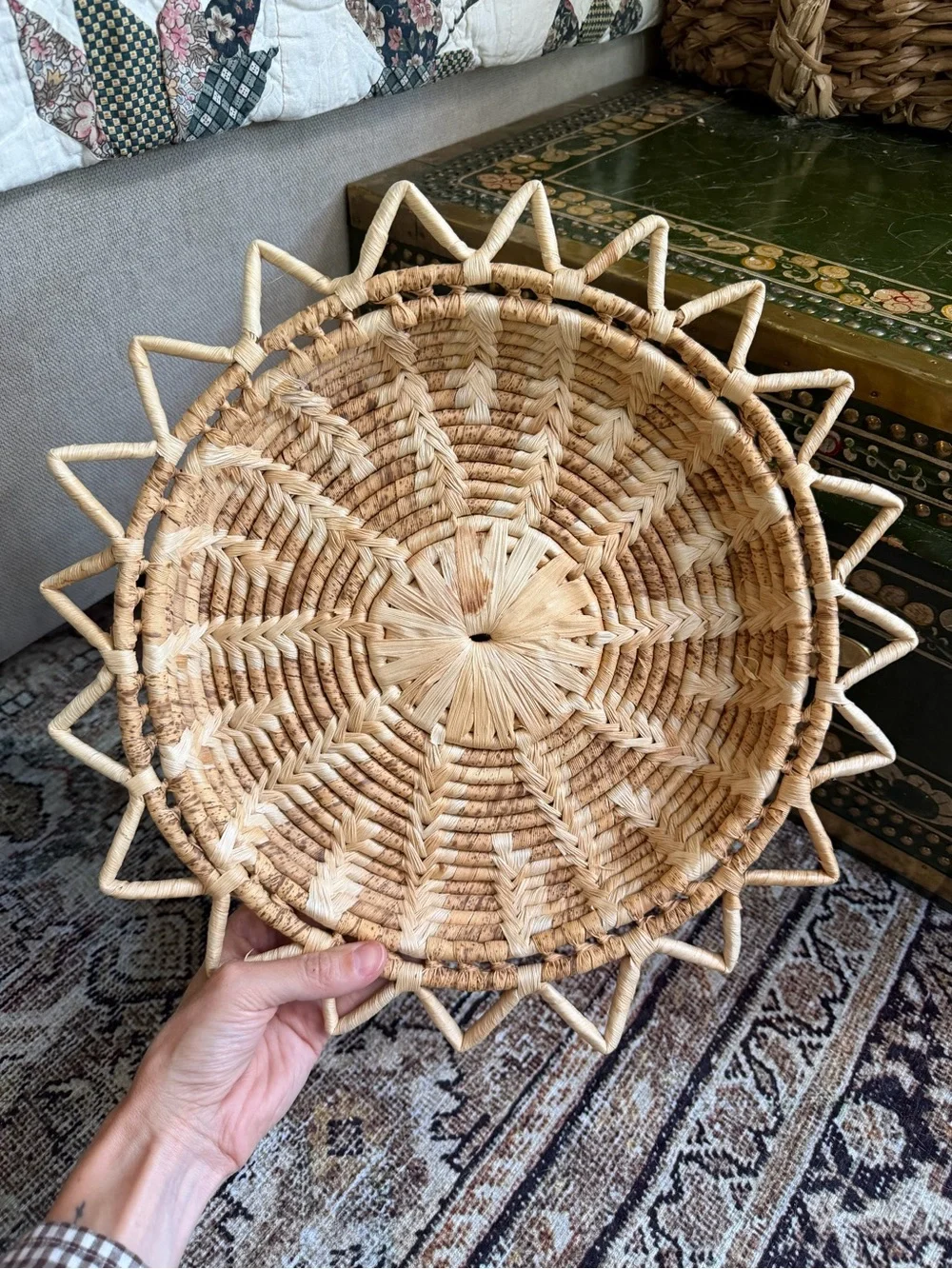 Vintage Sunburst Woven Rattan Basket